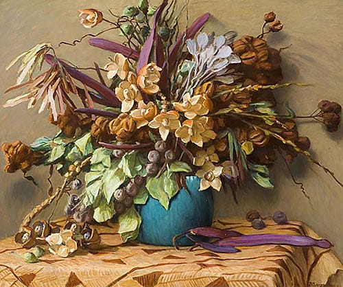 Hawaiian Seed Pods; [Seed Pods and Tapa Cloth Table Cover]